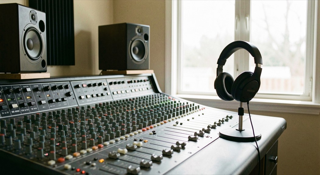 Studio d’enregistrement domestique avec console de mixage, casque posé sur un pied micro et fenêtre laissant entrer la lumière du jour.
