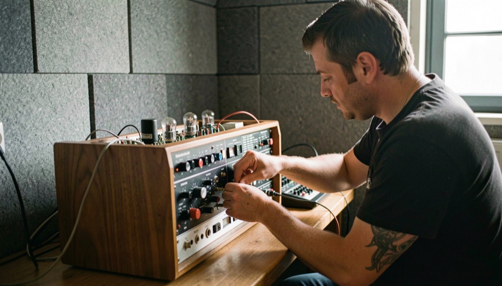 Musicien ajustant les potentiomètres d’un amplificateur à lampes dans une pièce aux murs couverts de feutrine acoustique.