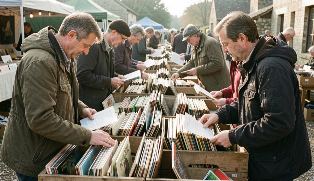 Étal de brocante au petit matin avec des caisses de vinyles fouillées par des collectionneurs munis de listes.
