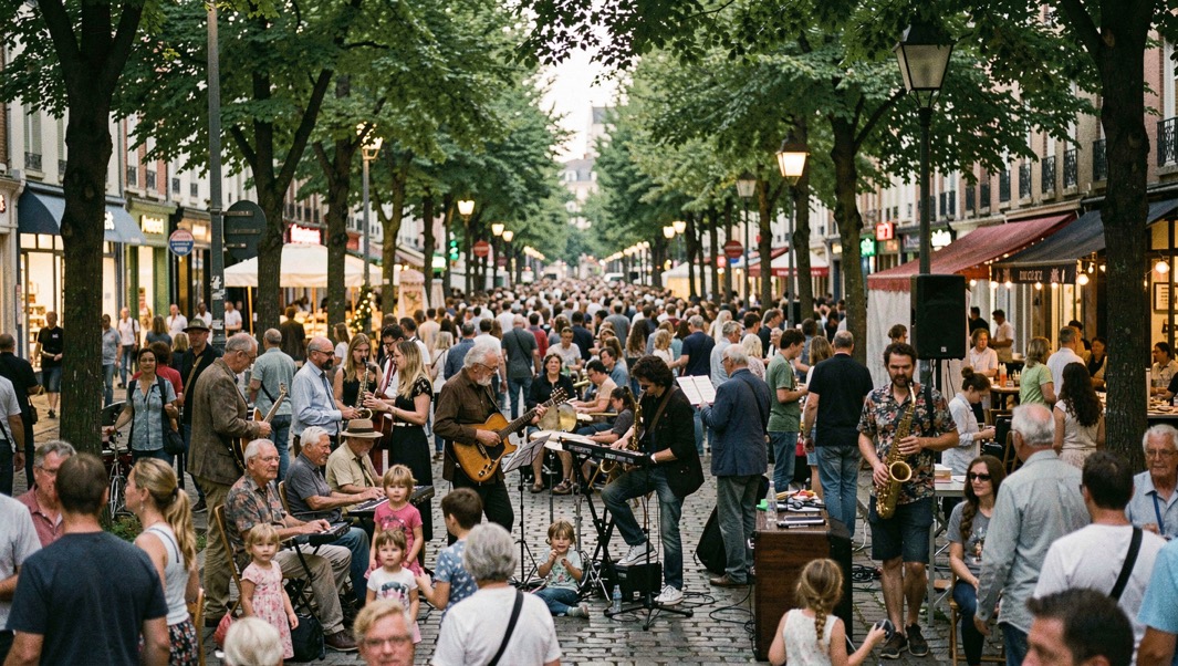 Rue piétonne pleine de monde un soir de fête de la musique, musiciens ambulants et public familial sous les arbres.