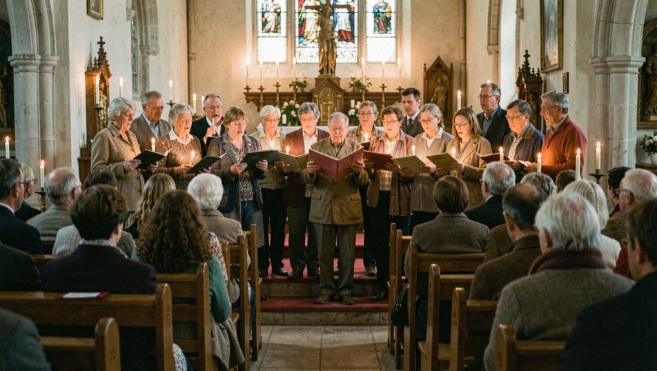 Chorale d’amateurs chantant dans une église éclairée de bougies, public assis sur des chaises en bois au premier plan.
