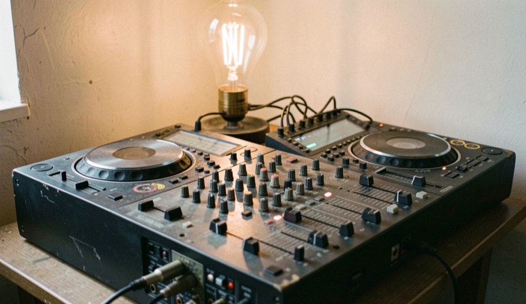Table de mixage DJ ancienne avec potentiomètres usés et deux platines à disques compacts sous une ampoule chaude.