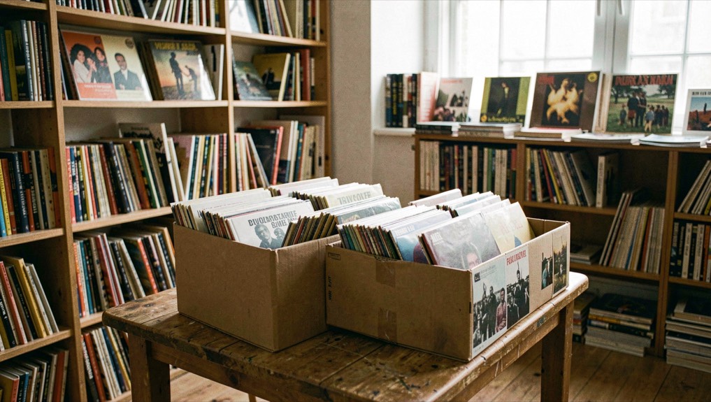 Local de répétition transformé en petit label indépendant, colis de disques prêts à partir sur une table entourée d’étagères.