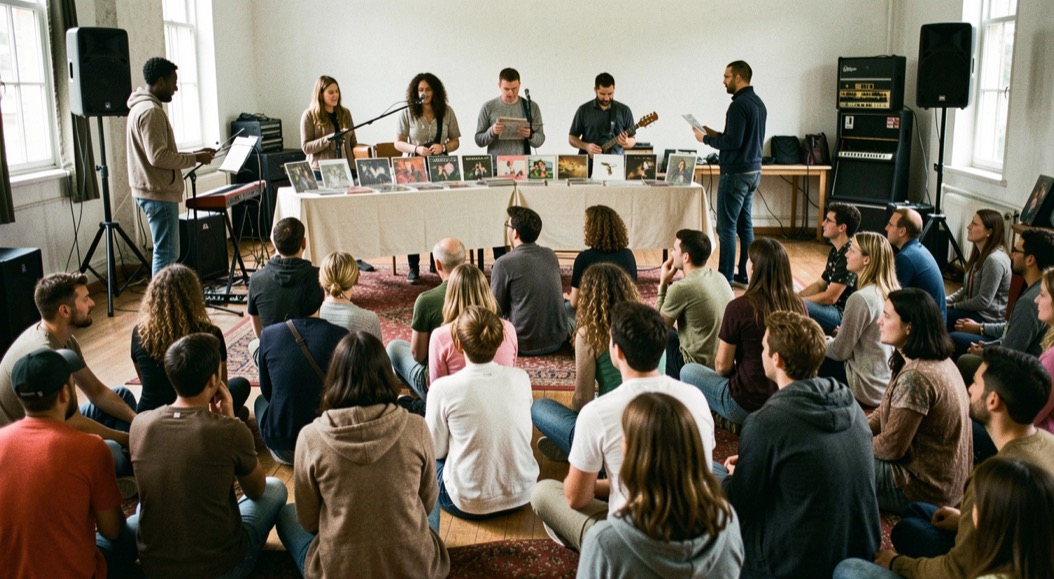 Salle de concert associative avec public assis au sol et bénévoles vendant des disques sur une table au fond.