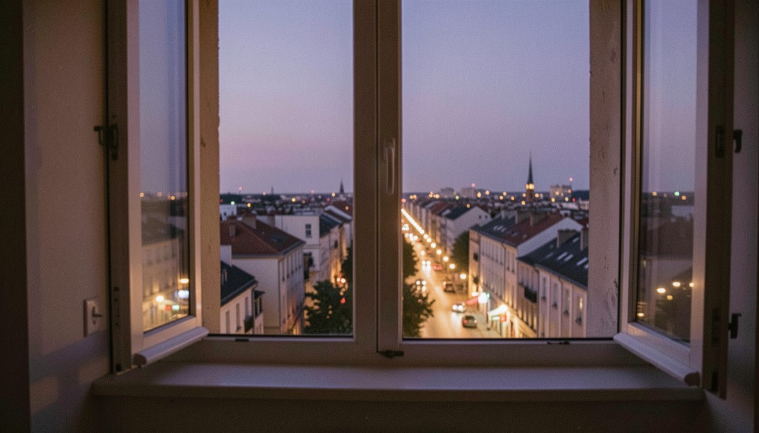 Vue nocturne d’une ville depuis une fenêtre d’appartement, réverbères allumés et ciel violacé d’été profond.