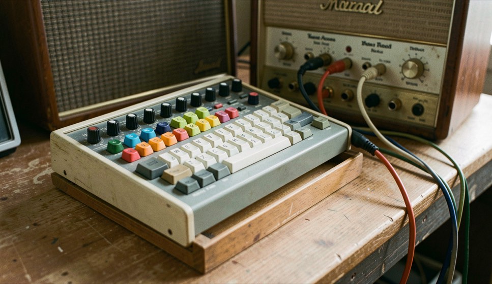 Clavier analogique vintage aux molettes colorées posé sur un support, câbles branchés vers un vieil ampli.