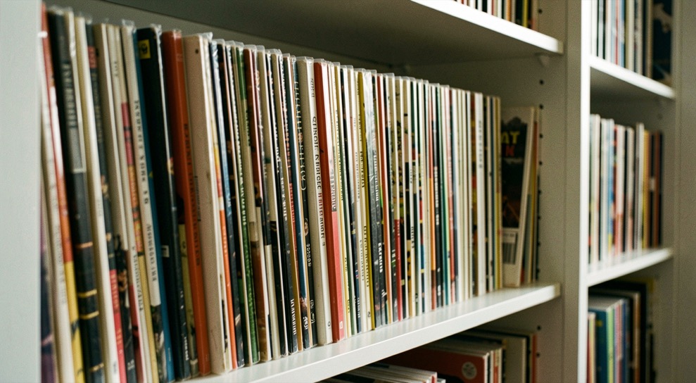 Étagère de rangement remplie de vinyles debout dans leurs pochettes, bien alignés dans une bibliothèque modulaire.