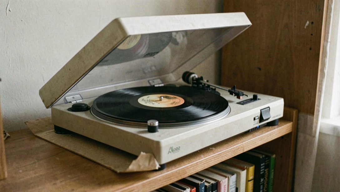 Platine vinyle d’entrée de gamme posée sur une étagère avec son cache-poussière soulevé et un disque déjà en place.