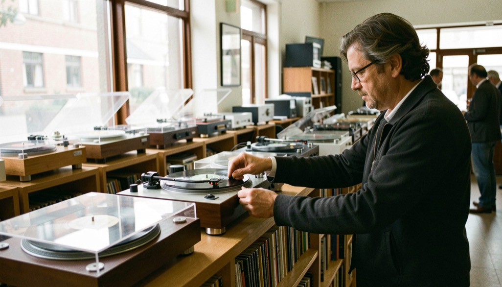 Intérieur d’un magasin de hi-fi avec plusieurs platines exposées sur des présentoirs et un vendeur réglant un bras de lecture.