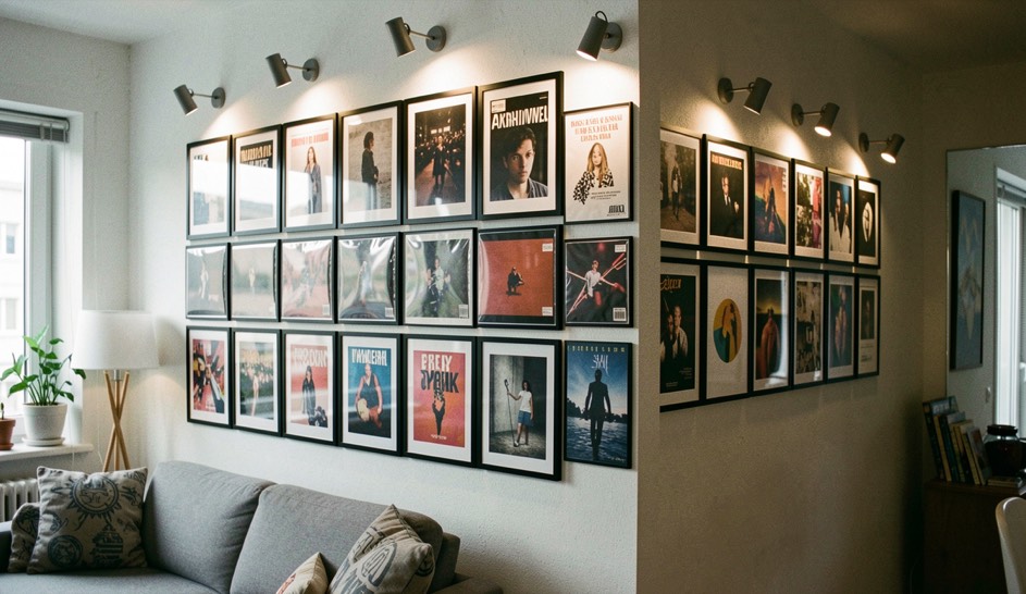 Mur d’exposition de pochettes d’albums encadrées dans un appartement, éclairées par une rampe de spots discrets.