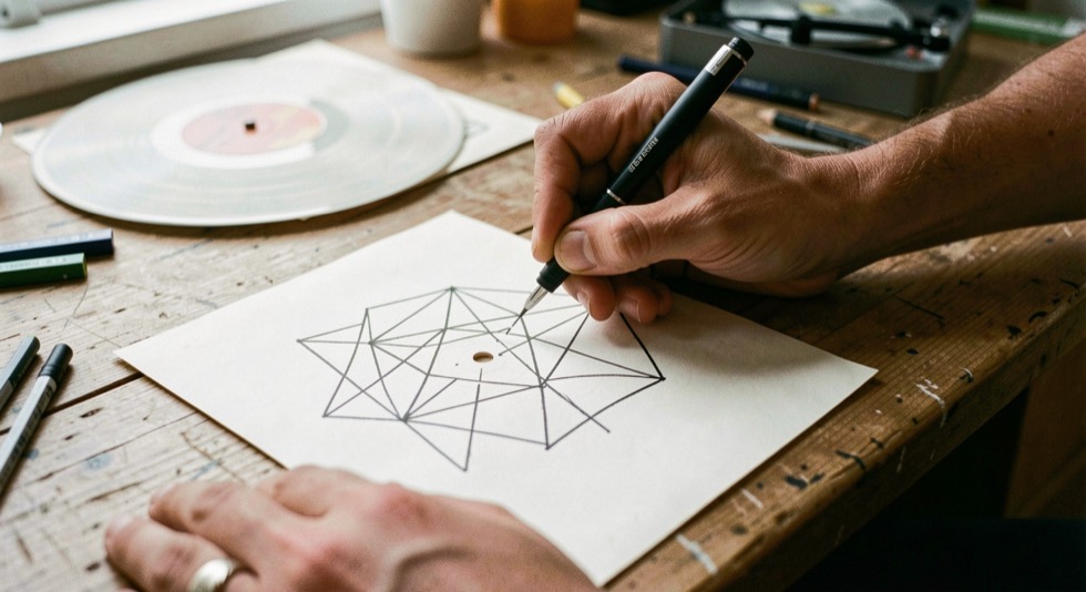Graphiste traçant des compositions géométriques au feutre sur une pochette de disque vierge posée à plat sur son bureau.