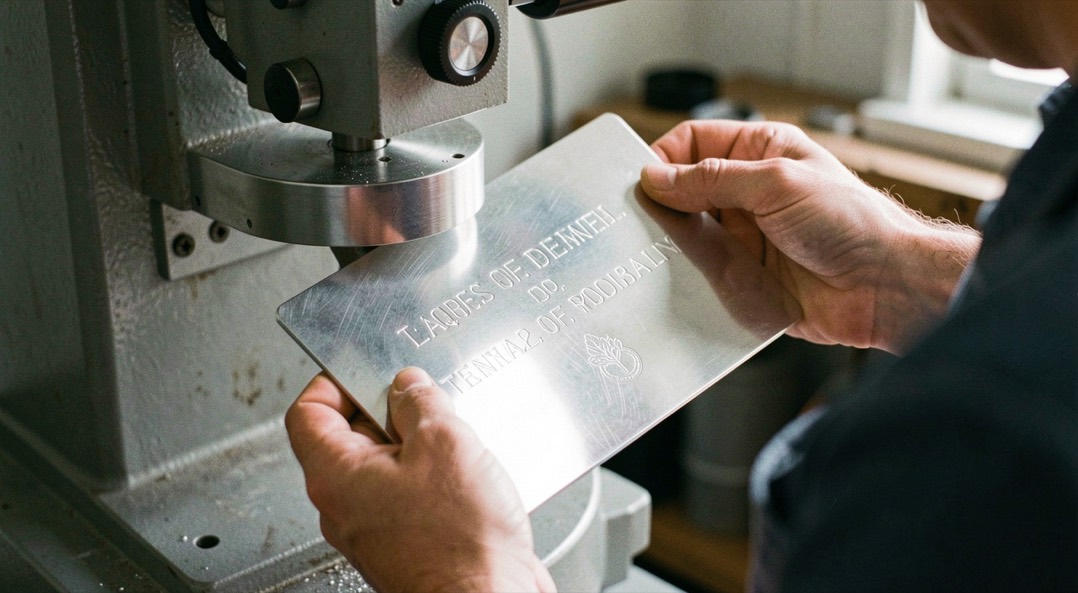 Laque d’aluminium fraîchement gravée tenue à deux mains devant la tourelle de gravure, reflets du studio sur la surface.