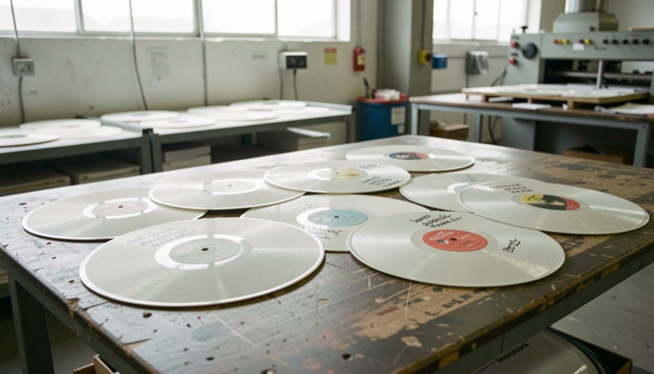 Pile de vinyles test blancs fraîchement pressés, étiquetés au marqueur, posés à plat sur l’établi d’une usine.