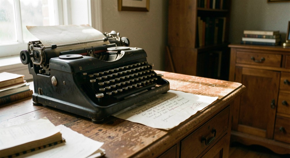 Machine à écrire ancienne sur un bureau avec une lettre entamée, lumière douce de fin d’après-midi traversant la pièce.