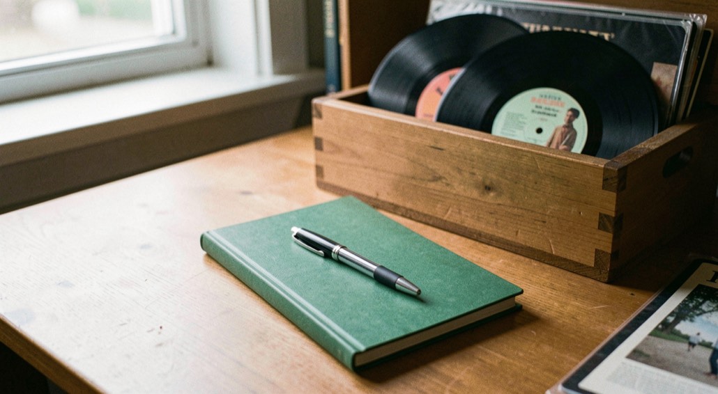 Carnet à couverture verte posé sur un bureau, un stylo posé dessus et des vinyles dépassant d’une caisse en bois.