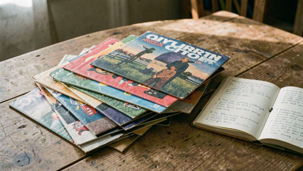 Pile de pochettes de disques vinyles aux graphismes colorés posée sur une table en bois, un carnet ouvert à côté.