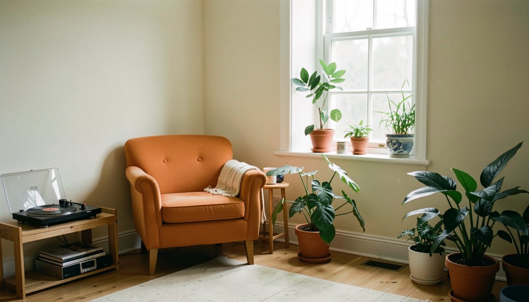 Salon lumineux aux murs couleur crème avec un fauteuil ocre, une platine vinyle et des plantes vertes près de la fenêtre.