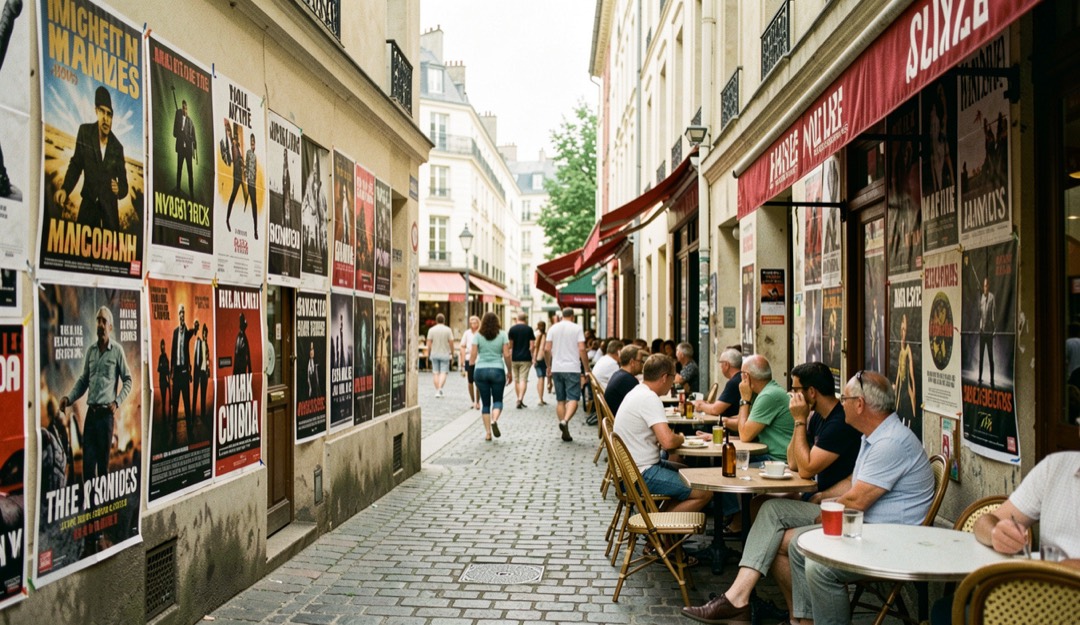 Ruelle de ville française en été avec des affiches de concerts sur les murs et des passants attablés en terrasse.
